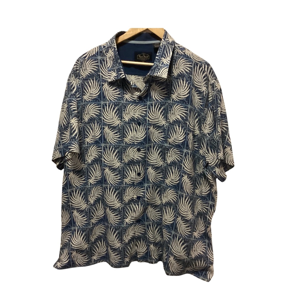 Nat Nast Button Down Shirt‎ Mens XXL Blue Silk Cotton Blend Palm Leaf Print